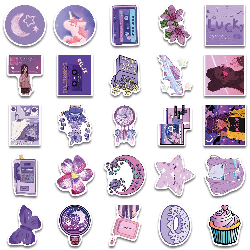 Bộ 50 miếng dán trang trí laptop / xe hơi / vali chống thấm nước tiện dụng màu tím