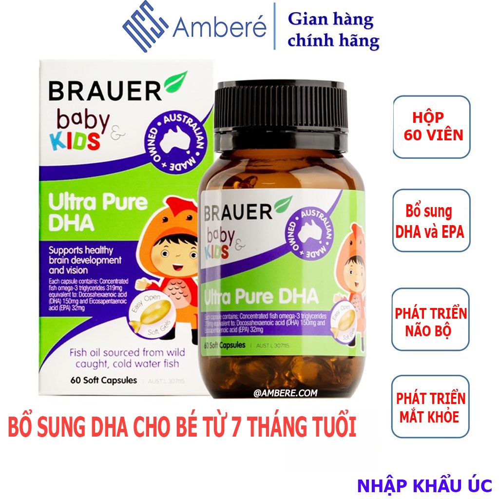 Viên uống dha cho bé Brauer Ultra Pure DHA tinh khiết cho trẻ từ 7 tháng trở lên hộp 60 viên