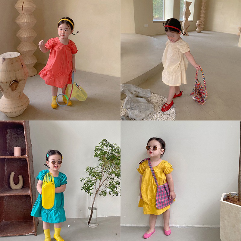 Đầm Cotton Màu Trơn Mùa Hè Phong Cách Hàn Quốc Mới Cho Bé Gái