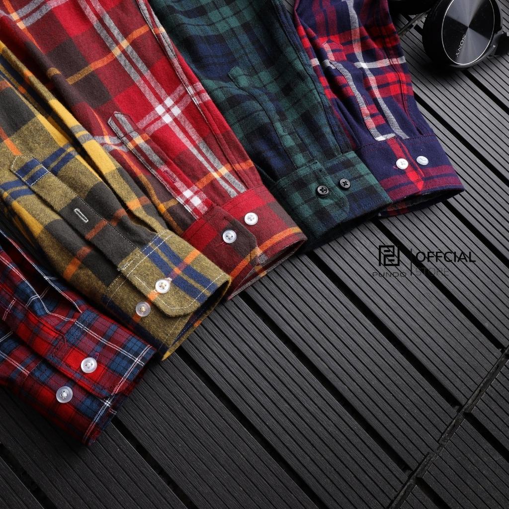 Áo sơ mi nam flannel PUNDO họa tiết kẻ sọc chất cotton dạ cao cấp ASMPD16