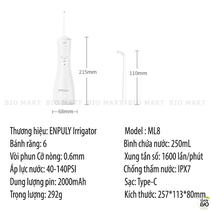 Máy tăm nước Xiaomi Enpuly ML8 Không dây cầm tay – Tăm nước vệ sinh răng miệng sạch sâu, chống nước IPX7 250ml - TB035