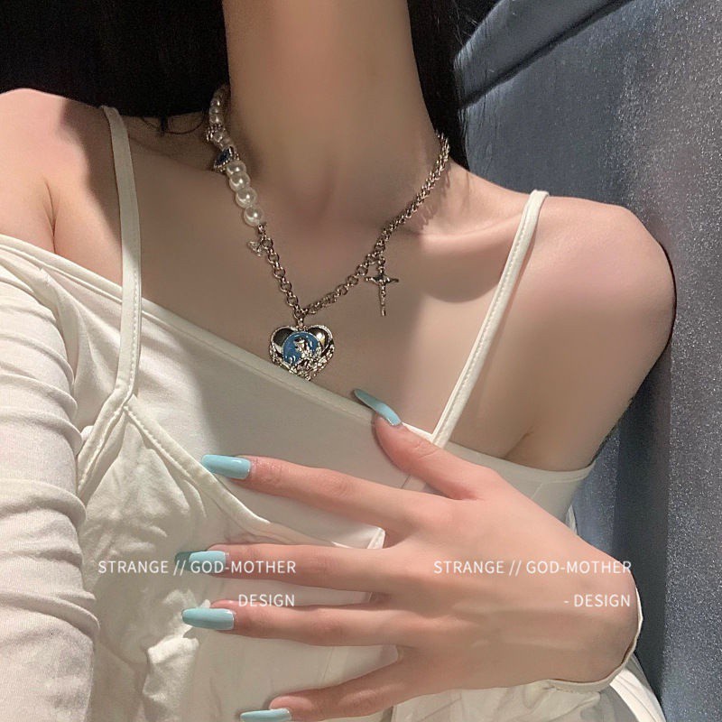 Vòng cổ xỏ hạt ngọc trai giả mặt hình trái tim thiết kế ngọt ngào và cá tính phong cách retro thời trang sang trọng