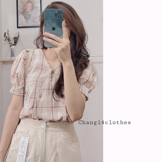 Áo sơ mi thô hàn cúc lệch tay bồng