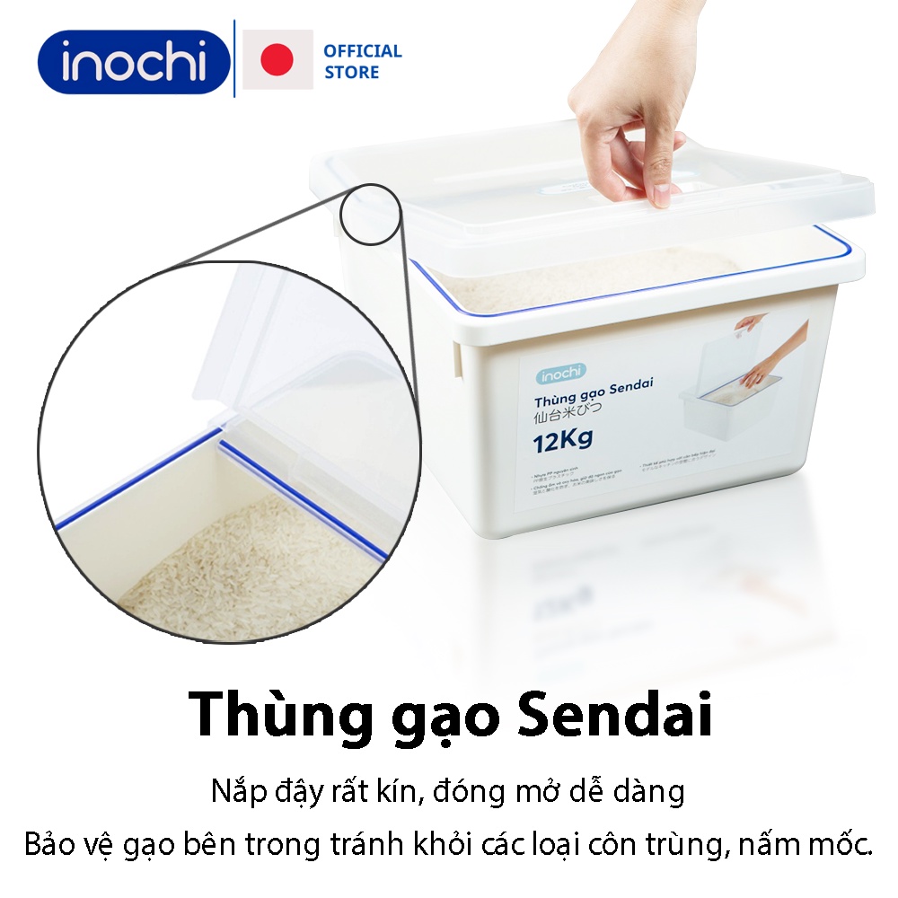 Thùng Đựng Gạo 🥉 Thố Đựng Gạo Có Nắp Cao Cấp Sendai 12 KG Nhựa Kín Kháng Khuẩn Chống Ẩm Thông Minh