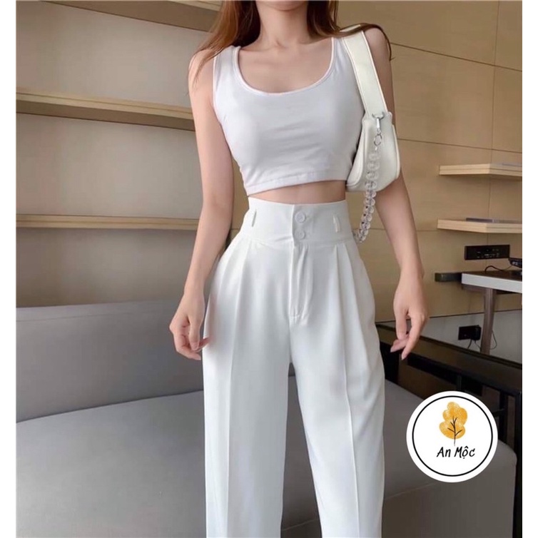 [AN MỘC] Quần Culotes sống suông lưng cao phối 2 khuy eo from dài 1m cho nữ