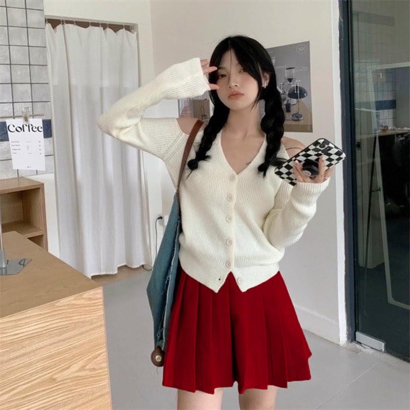 SET ÁO KHOÉT VAI TAY DÀI + CHÂN VÁY XẾP LY