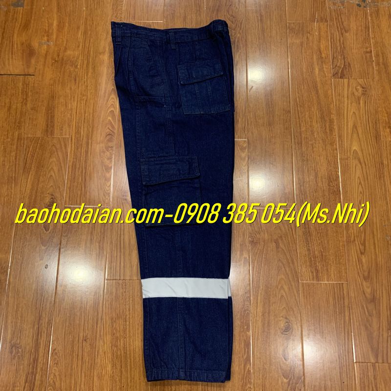 Quần jean điện lực may kèm phản quang poly xám- Hình thật