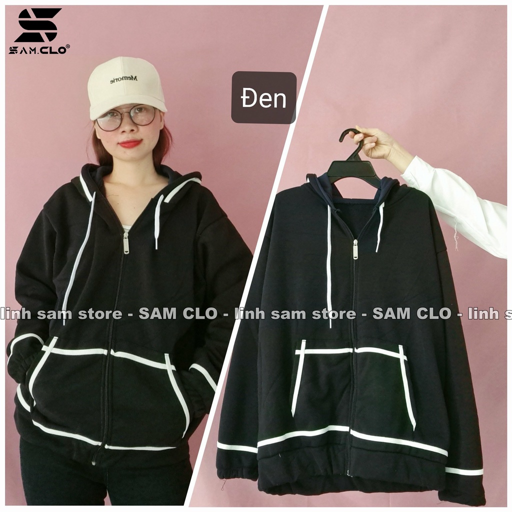 (Dưới 55kg)Áo khoác nỉ SAM CLO có mũ khóa kéo freesize nữ dáng unisex CÓ BO VIỀN TRẮNG