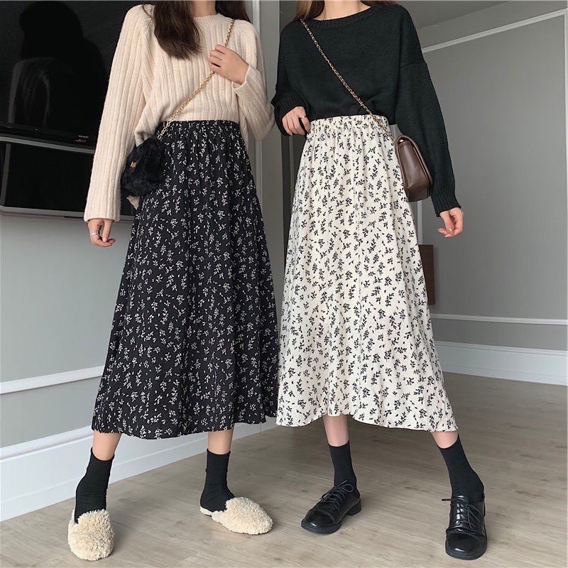 [Quà tặng là dây chun buộc tóc nữ] Chân váy midi hoa nhí 2 màu đen trắng phong cách ulzzang Lucy Outfit thiết kế | BigBuy360 - bigbuy360.vn