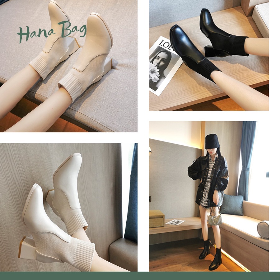 Giày bốt da mũi nhọn Loại 1, gót vuông cổ ngắn cao 5cm có chun trên cổ chân | BigBuy360 - bigbuy360.vn