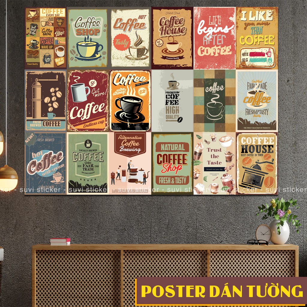 Decal Poster dán tường Vintage Coffee trang trí quán cà phê, trà sữa, nhà ở. MSP: PT03