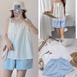 Set Áo 2 Dây Xếp Li Ngực Kèm Quần Short Xanh Ulzzang