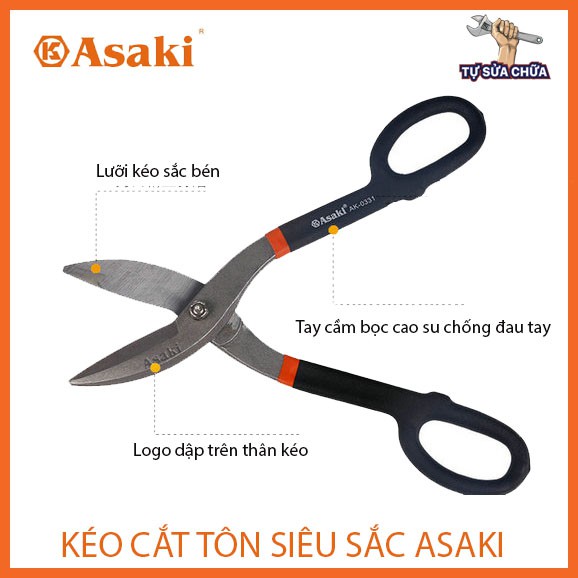 Kéo cắt tôn cộng lực siêu sắc kiểu Nhật chính hãng ASAKI thép CR-V tay cầm bọc cao su chống trơn, cắt cực nét, hàng xịn