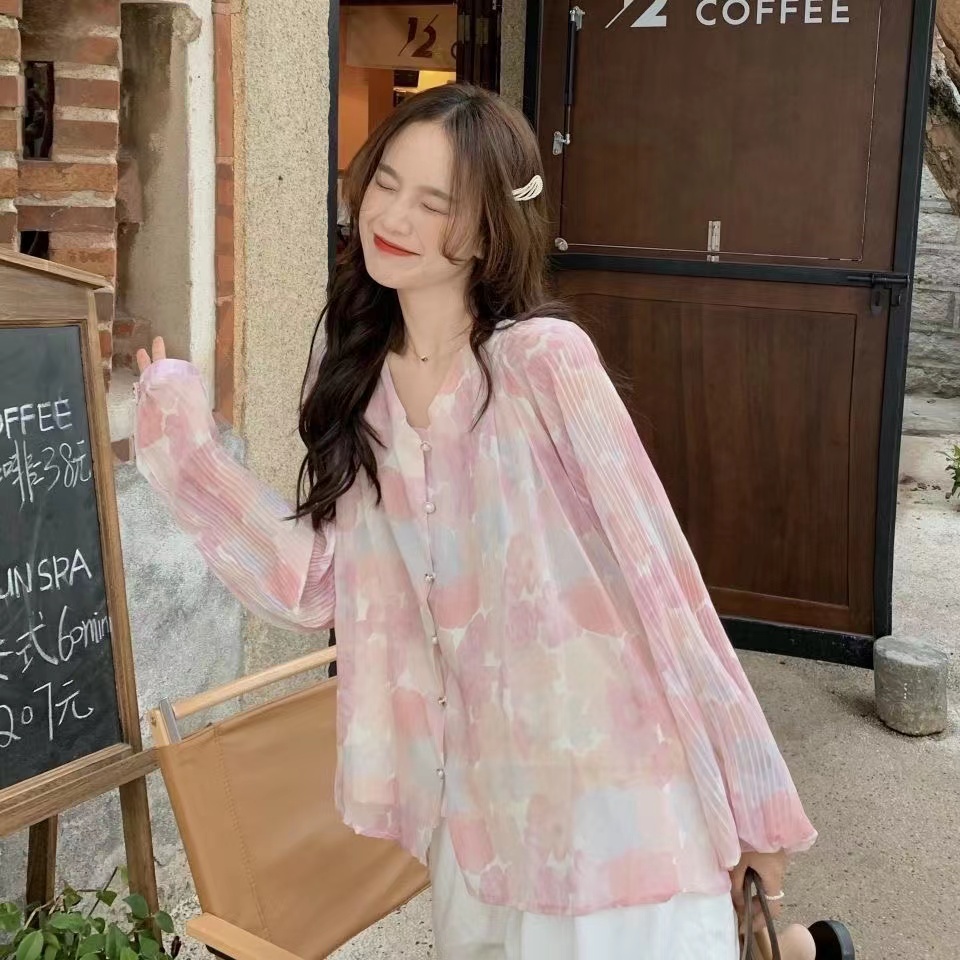 Áo Nữ Tay Dài Cổ Chữ V Họa Tiết Hoa Thời Trang Quyến Rũ