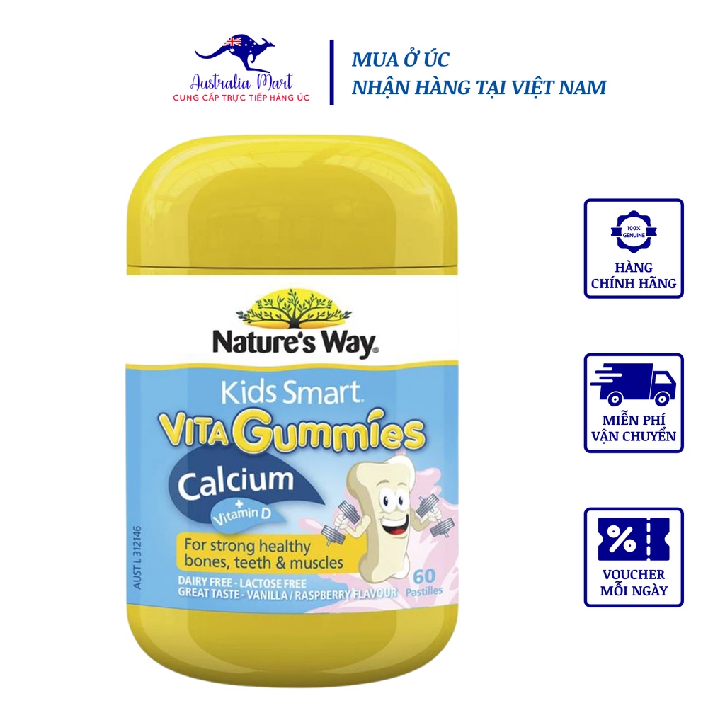 Kẹo Dẻo Canxi Cho Bé Nature’s Way Kids Smart Vita Gummies Calcium + Vitamin D 60 Viên