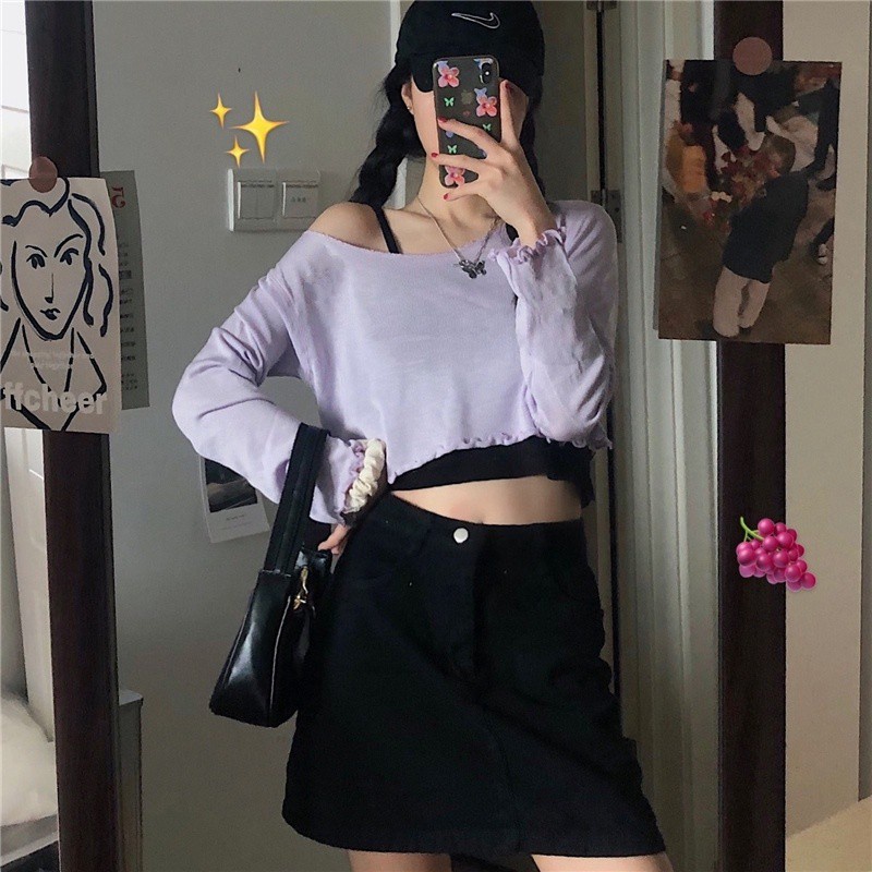 (HÀNG QC) SET ÁO LEN GIẤY TRỄ VAI VIỀN BÈO TÍM HỒNG TRẮNG MIX ÁO HAI DÂY ĐEN - SET CROPTOP LEN DÀI TAY 3 MÀU