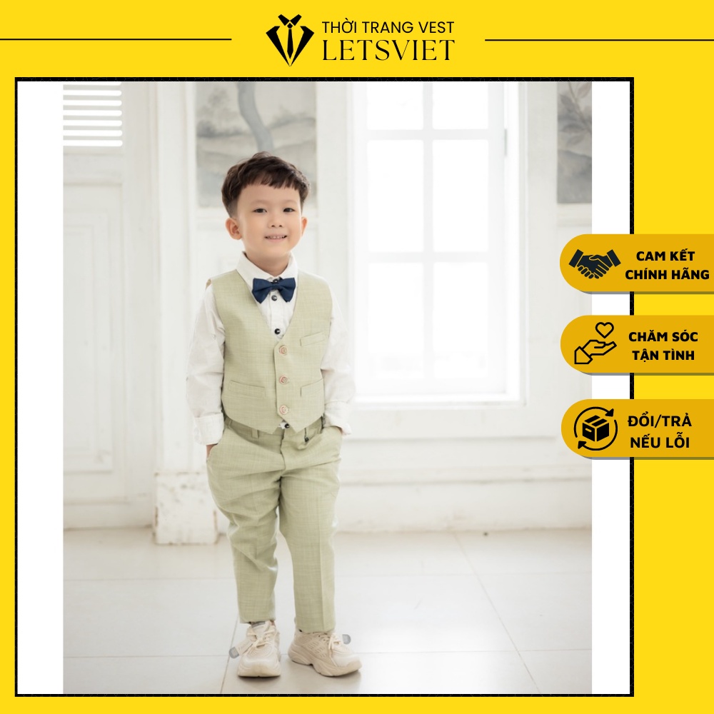Bộ Vest Bé Trai Màu Xanh Cốm Xịn Xò, Soái Ca Lịch Lãm, Set 3 Chi Tiết Phong Cách Đẹp Mặc Sự Kiện, Sinh Nhật LETSVIET