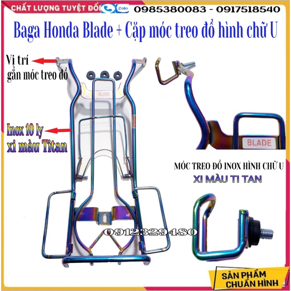 [Baga giữa Blade] Baga Giữa Inox 10 Ly Cao Cấp Xi Màu TiTan Gắn Honda Blade 110 Kết Hợp Cặp Móc Treo Đồ Inox Xi Màu Tita