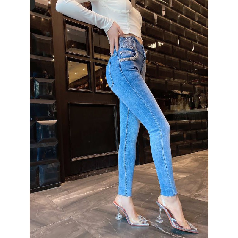 quần jeans nữ cạp cao đính đá ống bó mẫu mới