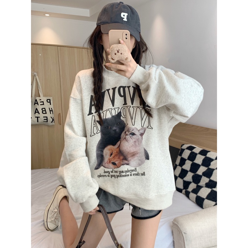 Áo Sweater Cổ Tròn Tay Dài Dáng Rộng In Họa Tiết Kiểu Retro Mỹ Xinh Xắn Cho Nữ