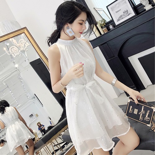 Váy chữ A xòe sát nách thắt đai eo họa tiết ngôi sao hẹn hò dự tiệc siêu xinh Letter A