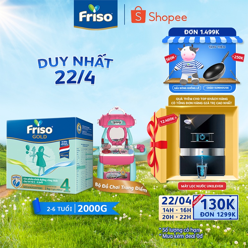 [Tặng bộ đồ chơi trang điểm] Sữa Bột Friso Gold 4 Hộp Giấy 2kg