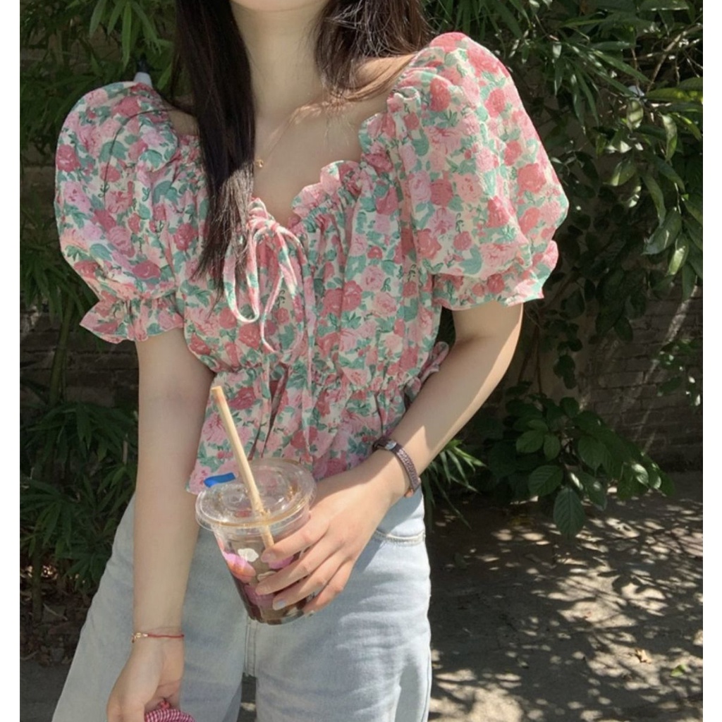 Áo Kiểu Trễ Vai Tay Phồng In Họa Tiết Hoa Thời Trang Mùa Hè 2022 Phong Cách Mới Cho Nữ