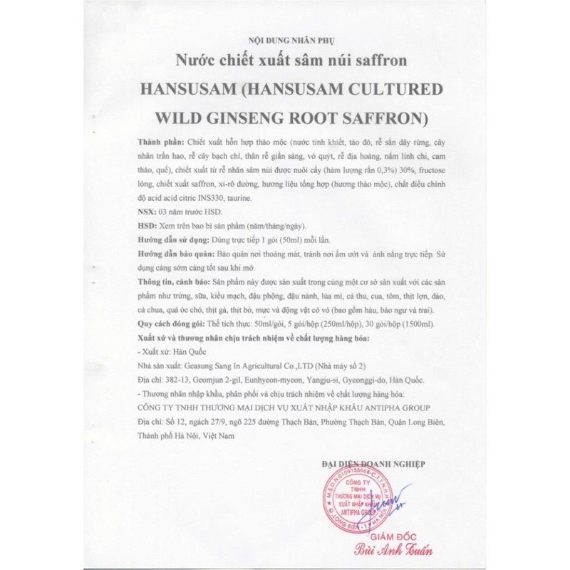 Nước Chiết Xuất Hồng Sâm Núi và Nhụy Nghệ Tây Saffon Hansusam 50ml x 30 gói