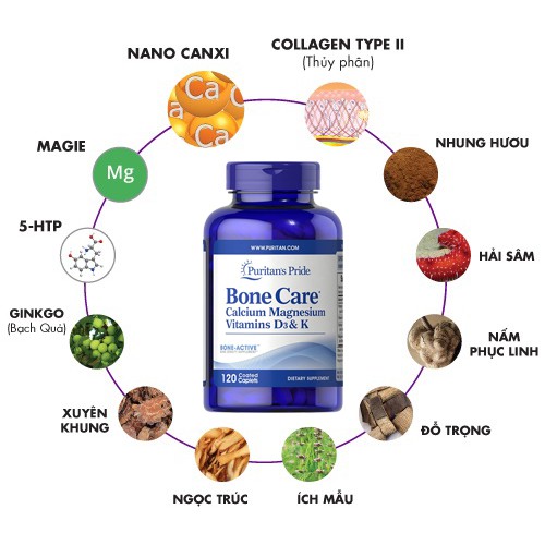 Viên uống bổ sung Canxi, vitamin D, K, Magie giúp tăng chiều cao Puritan's Pride Bone Care 120 viên HSD tháng 12/2018