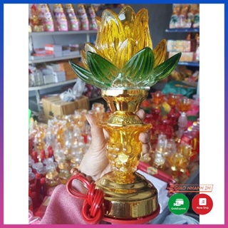 Đèn thờ cúng led pha lê cao cấp, Đèn thờ hoa sen pha lê dùng điện cao 20cm
