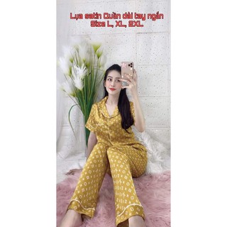 Set bộ lụ satin in hình tay ngắn quần dài size l