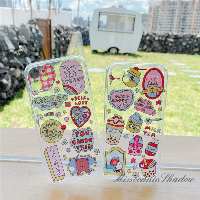 Casing Oppo A53 2020 Reno4 A12 A5 A9 2020 A37 A3s A5s A1K A52 A92 A7 A71 F7 F9 F9Pro F11 A12 A31 Reno 2F Ins Cute Cartoon Lable Sticker Clear Soft Cover