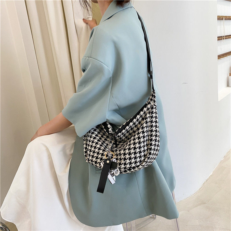 Túi xách canvas đeo vai sức chứa lớn họa tiết sọc caro thời trang dành cho nữ