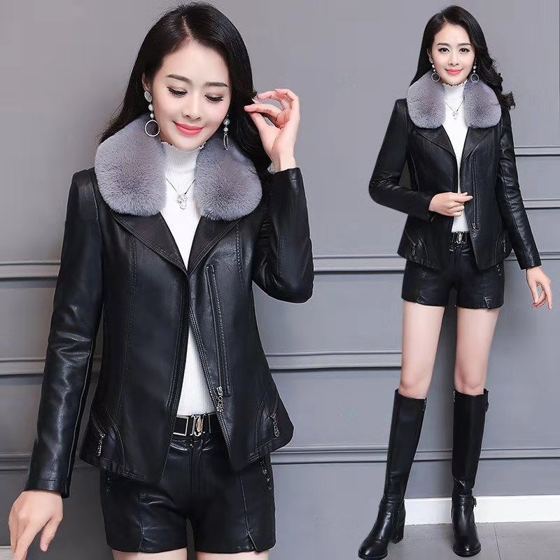 (TK054) ÁO KHOÁC DA NỮ DÁNG ÔM CỔ LÔNG SÀNH ĐIỆU