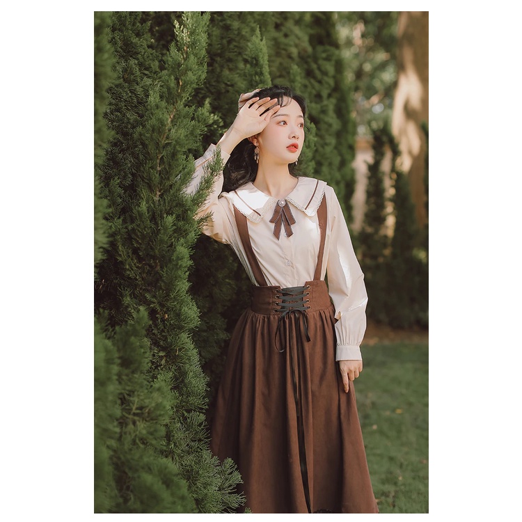 (Hàng Order không có sẵn) Áo sơ mi cổ sen, thắt nơ, tay phồng kèm chân váy vintage, phong cách cổ điển, chất liệu dày | BigBuy360 - bigbuy360.vn
