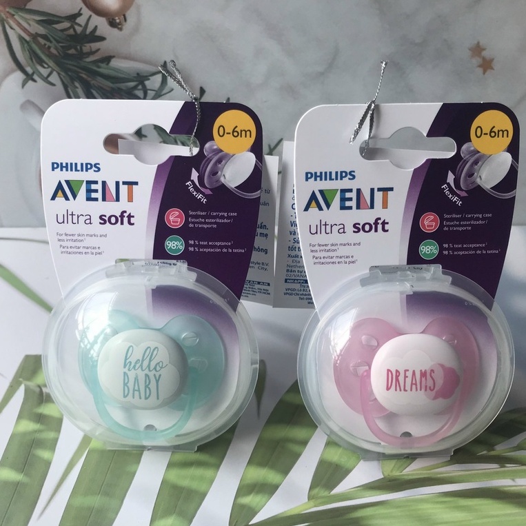 Núm ti giả Philips Avent Ty ngậm Avent Ultra Soft Siêu Mềm Thông Khí Có Chỉnh Nha, Giúp Bé Tự Ngủ, Vỉ Đơn