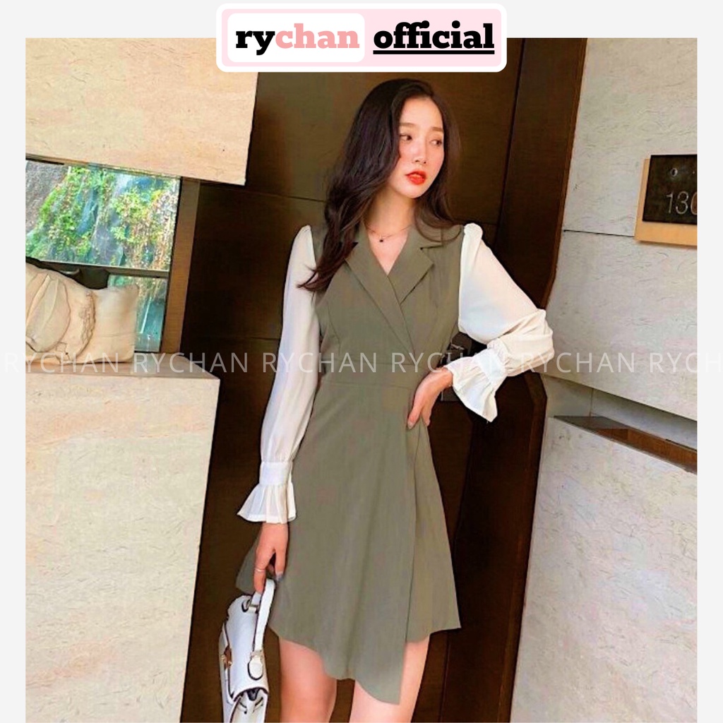 [ẢNH THẬT CUỐI] Đầm Xòe Rêu Cổ Vest Đắp Chéo Phối Tay Trắng - DX661