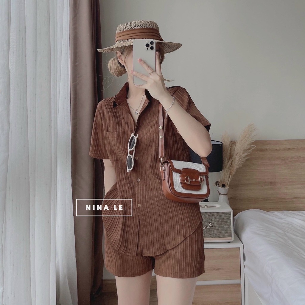 Set bộ đồ nữ áo sơ mi cột nơ hở lưng lạ mắt thích hợp các nàng đi chơi