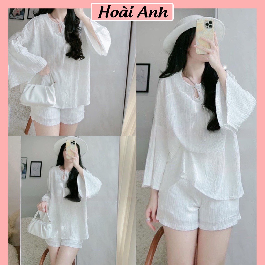 Set Bộ Đồ Nữ Áo Thun Xốp Gân Dài Tay Dây Nơ Mix Quần Sooc Đùi Ống Rộng Cạp Chun Freesize