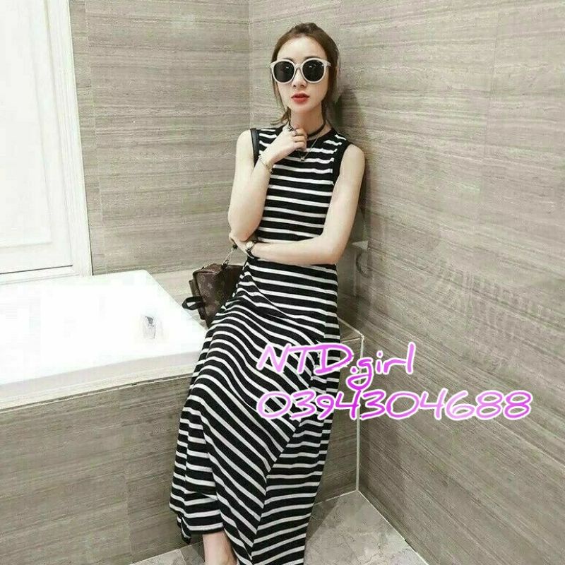 Đầm dáng suông maxi kẻ ngang, váy xuông đi biển dạo phố - DTH