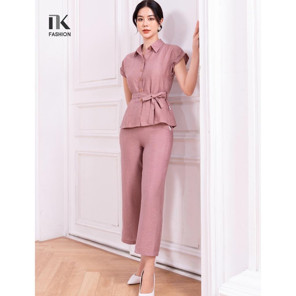 Bộ Đồ Nữ Công Sở NK Fashion Áo Sơ Mi Ngắn Tay Phối Quần Ống Rộng, Chất Liệu Vải Hàn Cao Cấp NKBD2204008