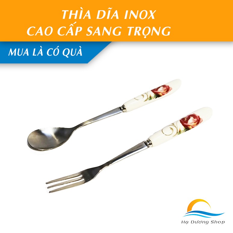 [FLASH SALE 3 NGÀY] Thìa dĩa inox cán sứ HADU sáng bóng chống ố vàng chống cong vênh nhỏ xinh cao cấp - Hạ Dương Shop