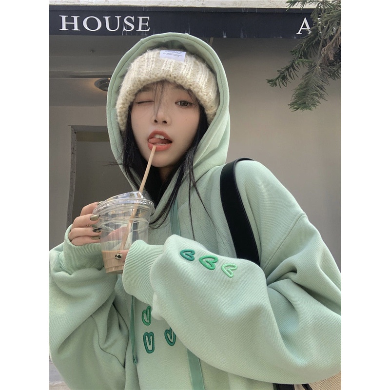 Áo Hoodie Lót Lông Cừu Dày Dặn Màu Xanh Bạc Hà Phong Cách Nhật Bản Thời Trang Thu Đông Cho Nữ Z2