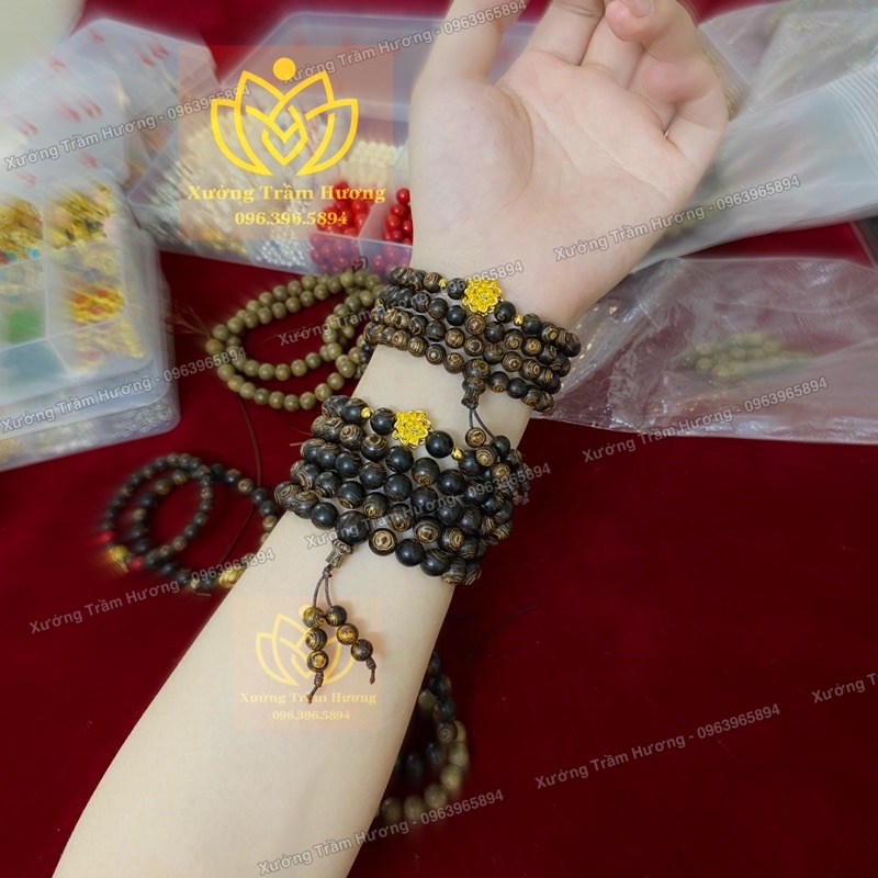 Chuỗi Trầm Hương Sánh Chìm 108 hạt mix charm Hoa Sen vàng - 6mm &amp; 8mm - Vòng tay Nam Nữ - Vòng gỗ tự nhiên