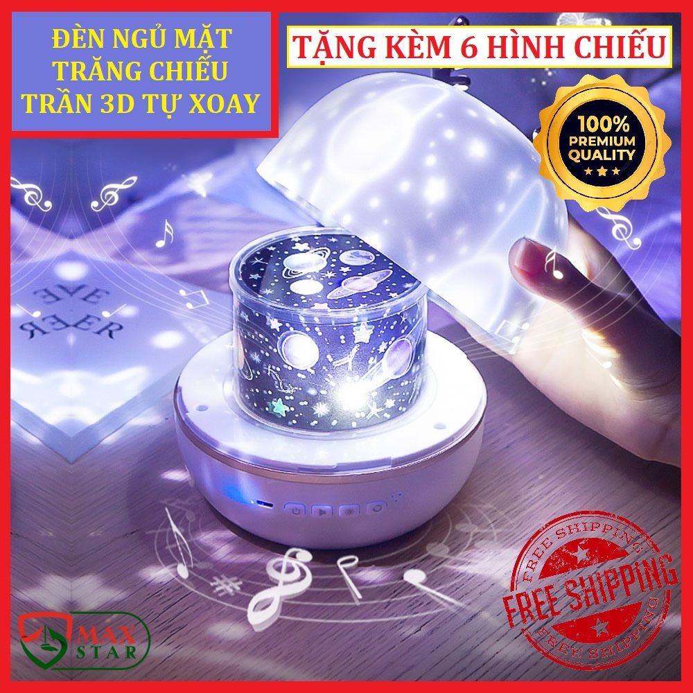 Đèn ngủ mặt trăng 3d vũ trụ ngàn sao chiếu sao độc đáo tự động xoay 360 độ tặng kèm 6 loại họa tiết khác nhau