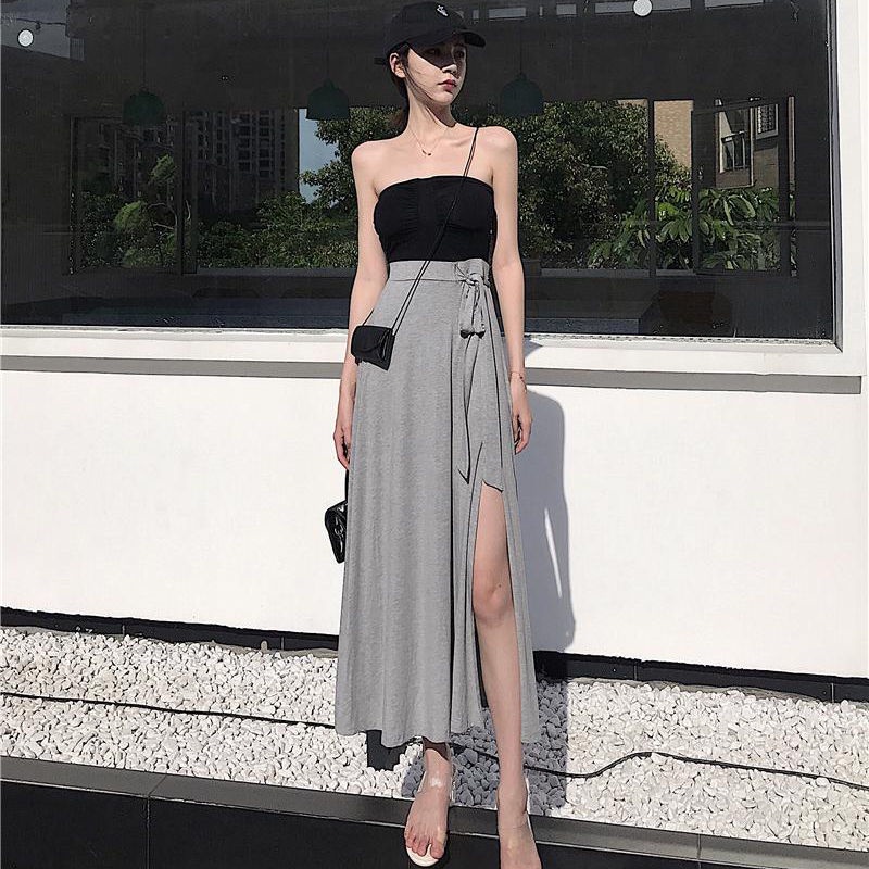 Chân váy COZOKC dáng chữ A lưng cao xẻ tà quyến rũ thời trang