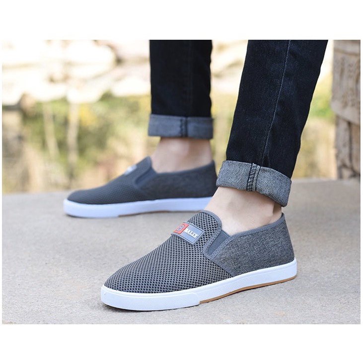 Giày lười mọi nam SporrtShoes 2 logo 2 màu đen và xám thoáng khí