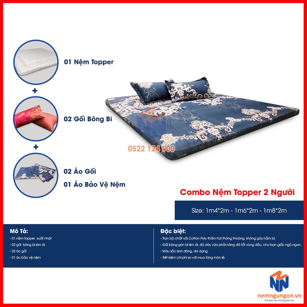 Combo trọn bộ sản phẩm nệm bông xuất Nhật - nệm topper Nhật - đồng bộ màu sắc [Đủ size] - Màu ngẫu nhiên