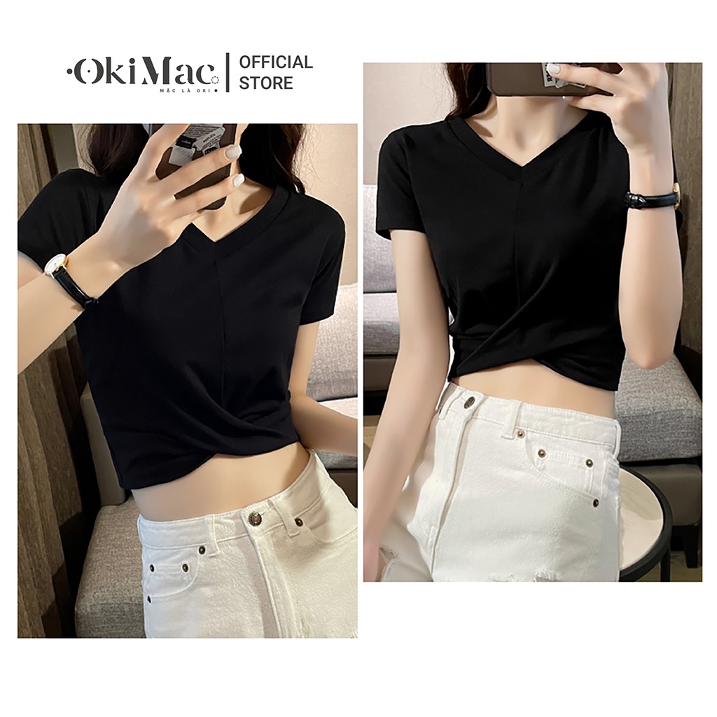 Áo croptop nữ cổ tim chữ v tay ngắn kiểu ôm body xoắn eo thun cotton phong cách ulzzang thời trang nữ OKIMAC | BigBuy360 - bigbuy360.vn