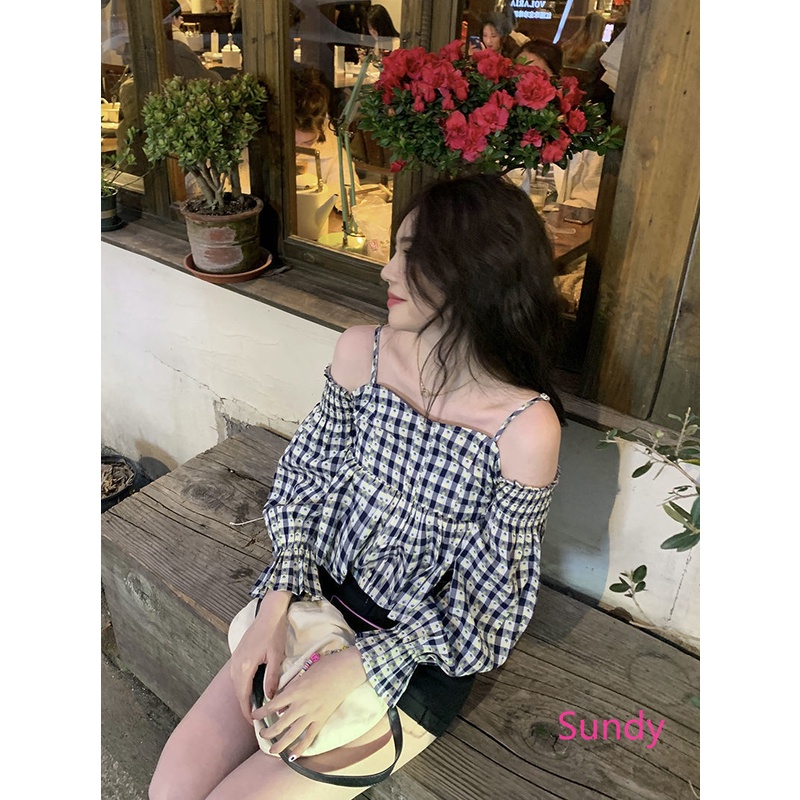 Áo Tank Top Trễ Vai Kẻ Sọc Ca Rô Thiết Kế Quyến Rũ Cho Nữ
